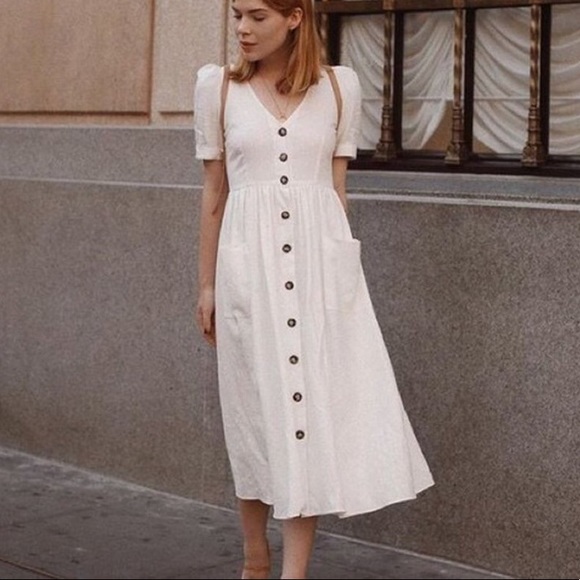 cream linen dress with buttons